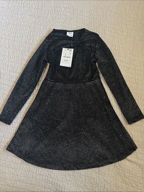 Zara Black Dress with Silver Metallic Dots - Girls Long Sleeve